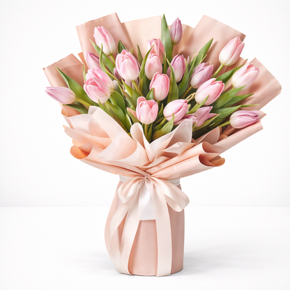 باقة زهور التوليب الوردية "بلاش هارموني" - زهور توليب فاخرة مع حشوات خضراء طازجة وتغليف فاخر