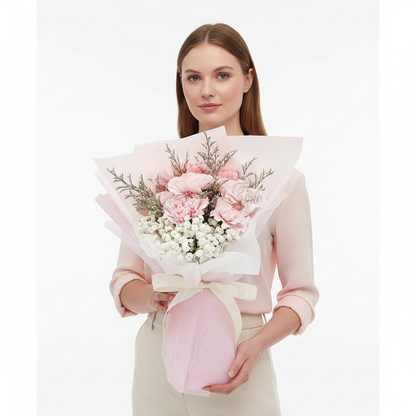 باقة أنيقة من زهور القرنفل الوردي وزهور الجيبسوفيلا - تنسيق زهور طازج فاخر