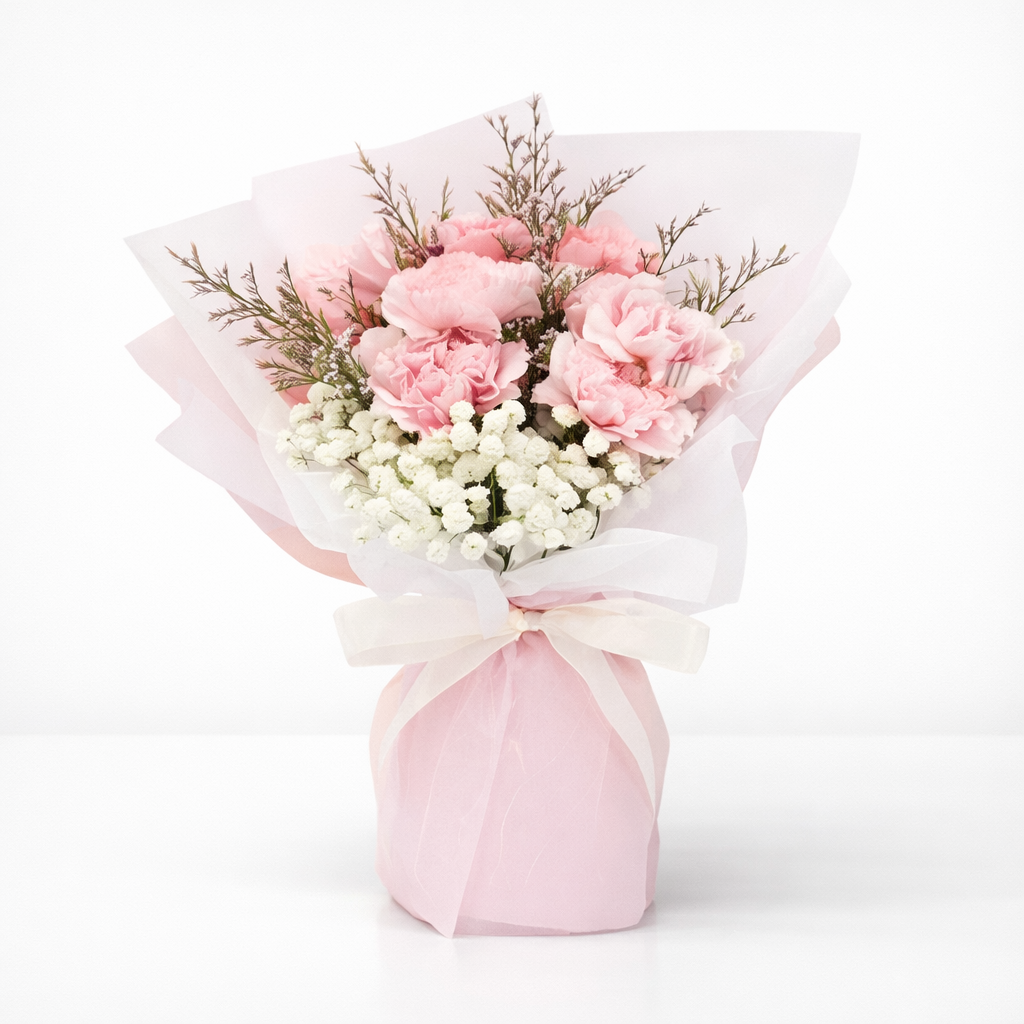 باقة أنيقة من زهور القرنفل الوردي وزهور الجيبسوفيلا - تنسيق زهور طازج فاخر