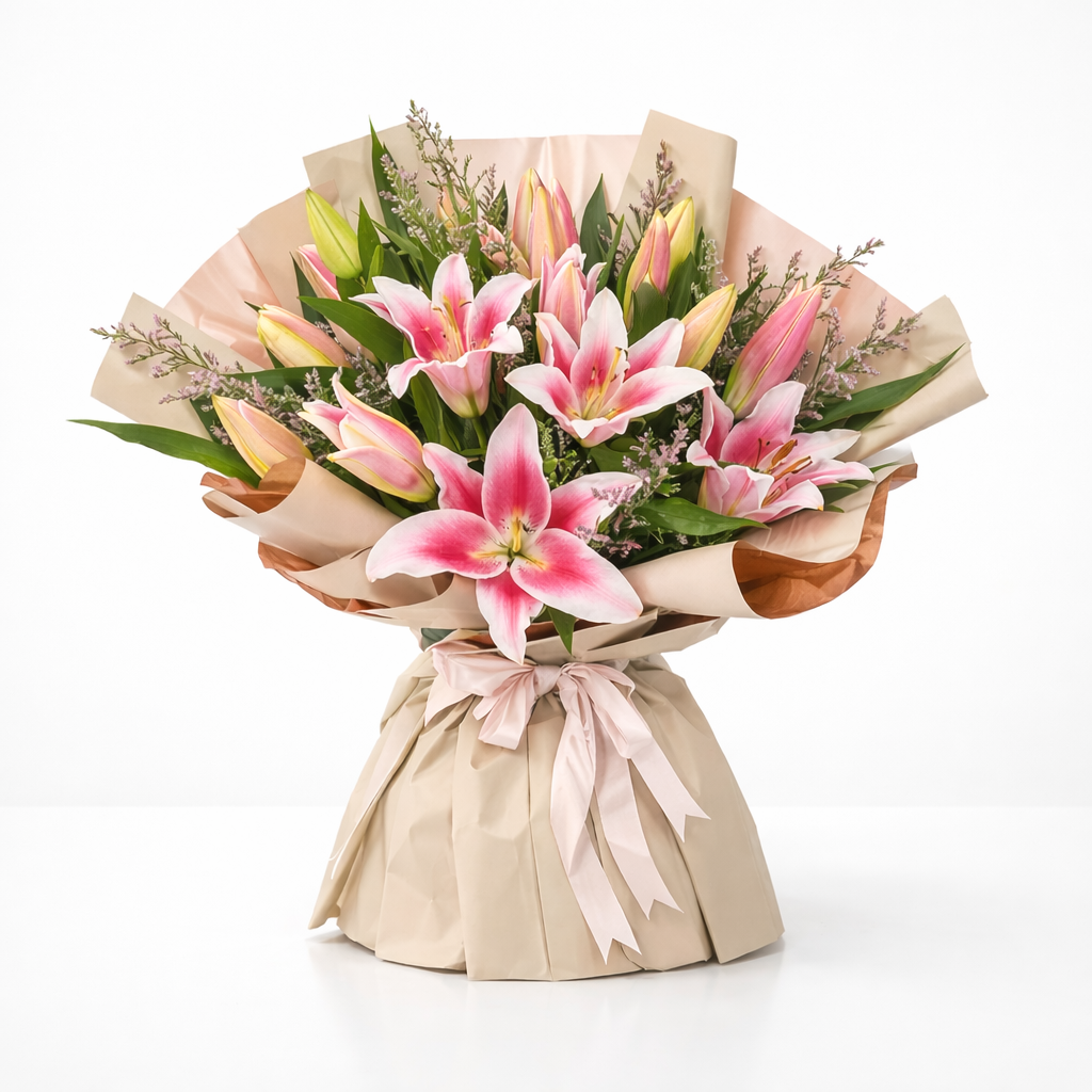 باقة زنابق وردية أنيقة – زنابق وردية طازجة مع حشوات خضراء وتغليف فاخر